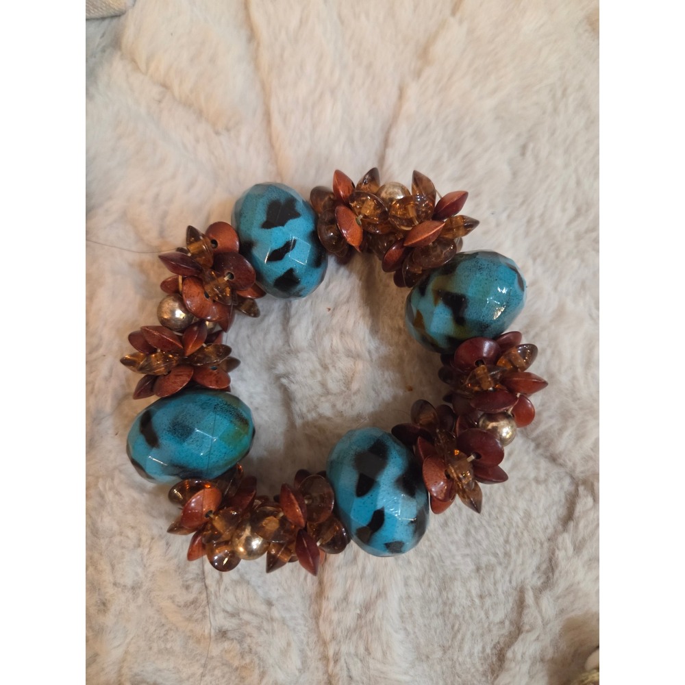 Boho Chunky Stretch Bracelet Turquoise Blue Brown Wood Bead Statement Jewelry